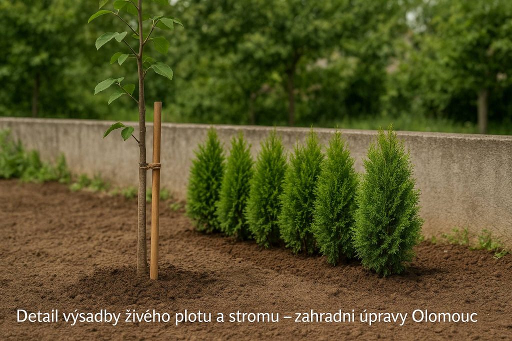 Detail výsadby živého plotu a stromu – zahradní úpravy Olomouc