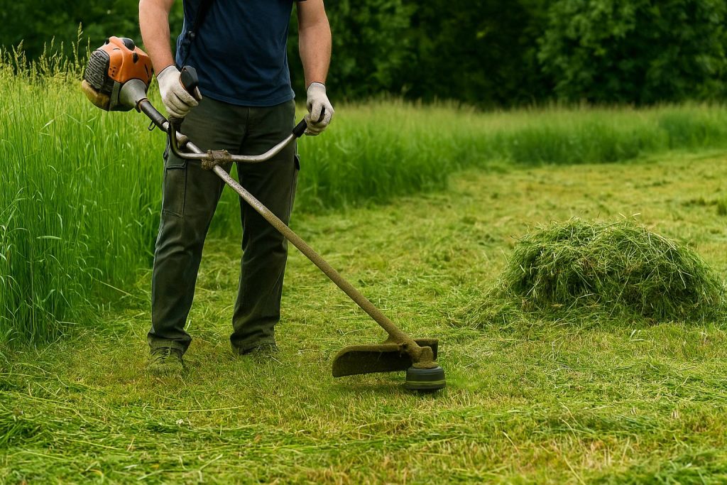 Sekání vysoké trávy Olomouc – detail práce a sběr bioodpadu